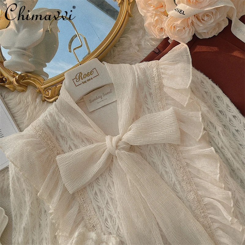 

Рубашка женская с оборками на воротнике и бантом, весна 2022