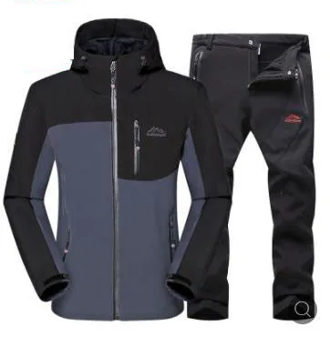 Gray Black Suit Мужская осенне-зимняя уличная Флисовая теплая флисовая куртка с капюшоном водонепроницаемая Лыжная куртка треккинг Кемпинг горная куртка брюки - Цвет: Gray Black Suit
