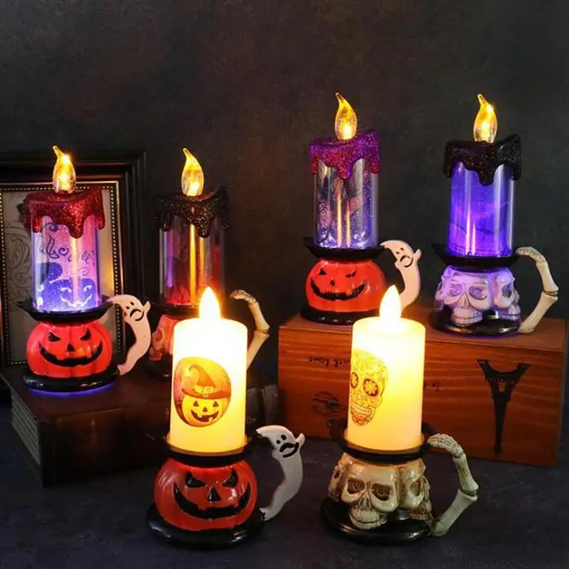 

Colour Changing Electronic LED Candle With Skeleton Pumpkin Glitter Pattern LED Water Candle Halloween Decoartion candle light