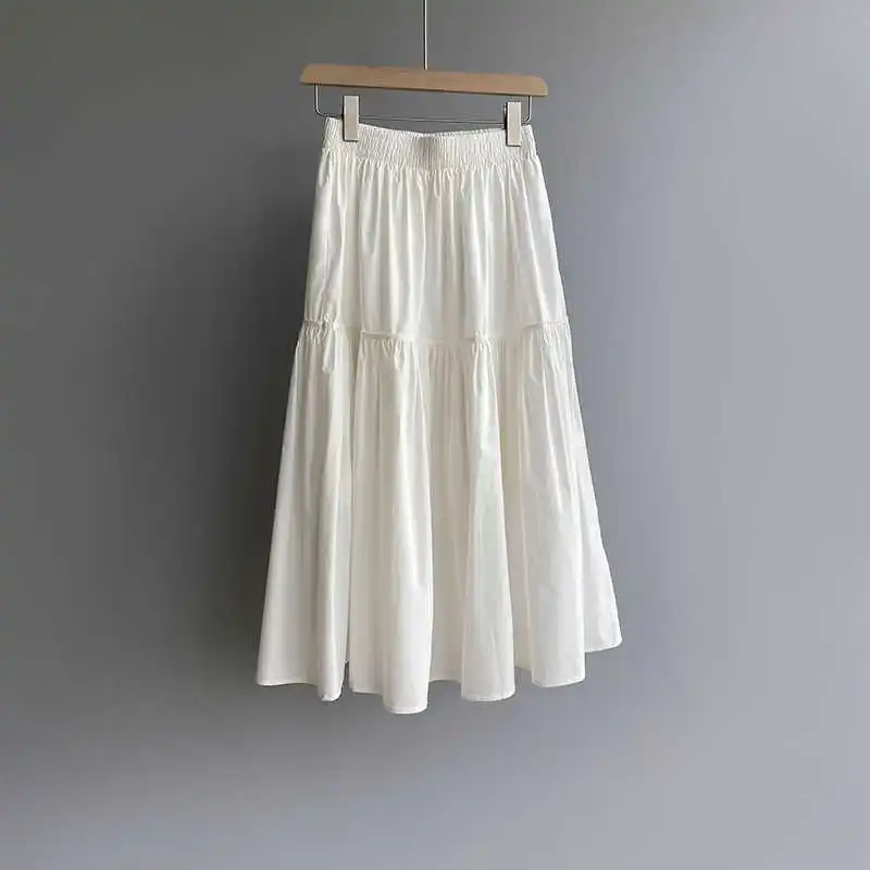 

COZOK Korean Version Pure Color Washed Cotton Skirt Female 2021 Summer High Waist Thin Cake Skirt White Long Skirt Female