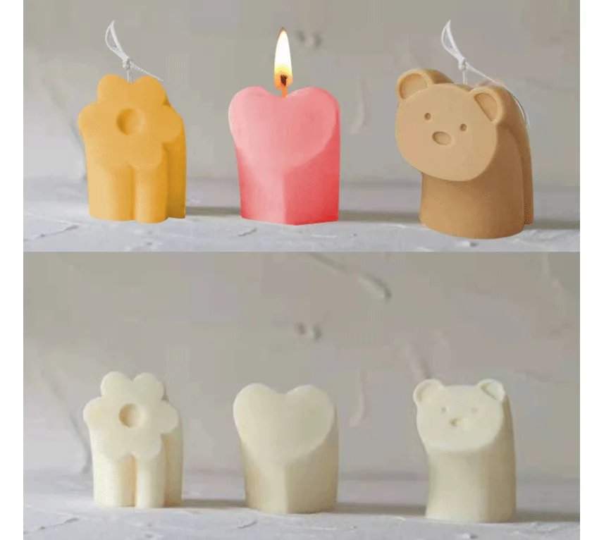 

3 Rainbow Bear Love Flowers Silicone Candle Mold for DIY Aromatherapy Candle Plaster Ornaments Handicrafts Irregular Mould Tool