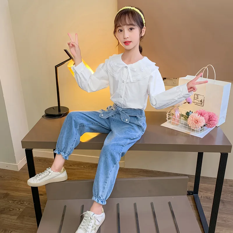 

New Autumn Spring Kids Clothing For Girls Outfits Pearl White Shirt & Bow Jeans 2PCS Sets Preppy Style Children Clothes