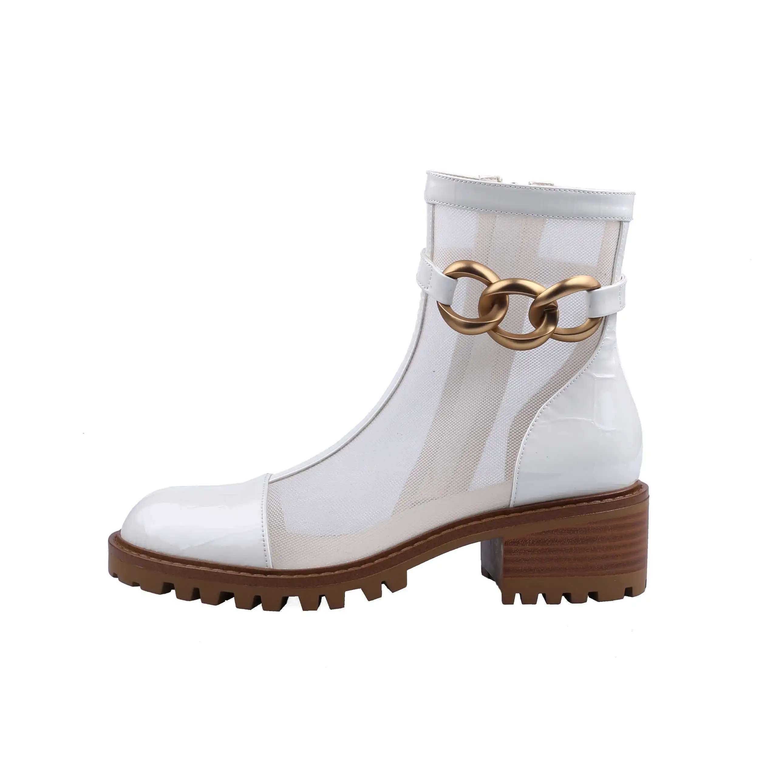 

Krazing Pot 2021 new arrival summer boots patent leather round toe high heels metal decorations young lady basic ankle boots L01