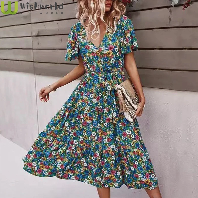 

In the Summer of 2021 the New Female Floral V-neck Accept Waist Bohemian Dress Vogue Character Printing Elegant Dress