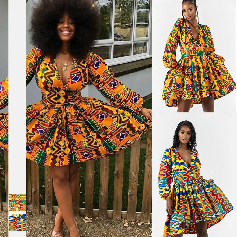 

2019 autumn sexy fashion african women v-neck polyester printing plus size dress