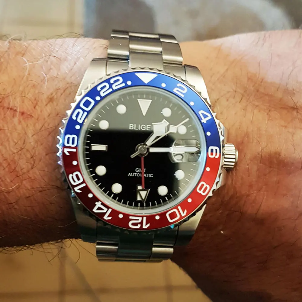 

Мужские наручные часы BLIGER GMT 40 мм чехол Дата забавная вращающаяся рамка мужской тальный ремешок сапфировое стекло