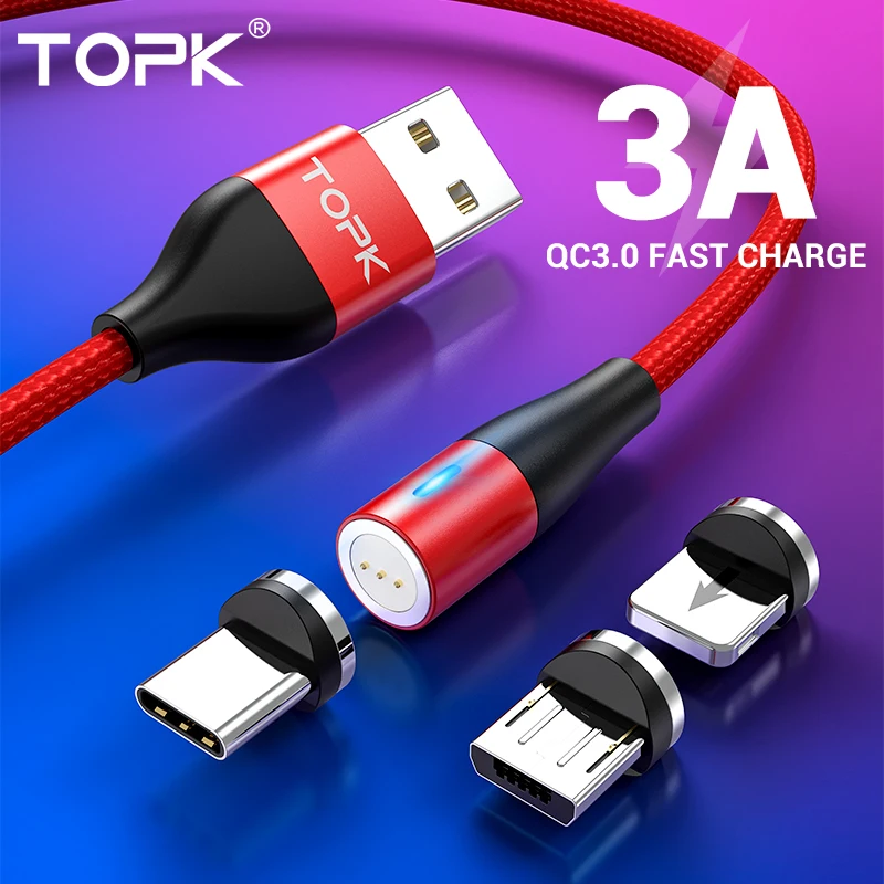 TOPK AM60 3A 3-го поколения, светодиодный кабель для быстрой зарядки, магнитный кабель Micro usb type C для iPhone 11X8 7, usb-кабель для зарядки и передачи данных
