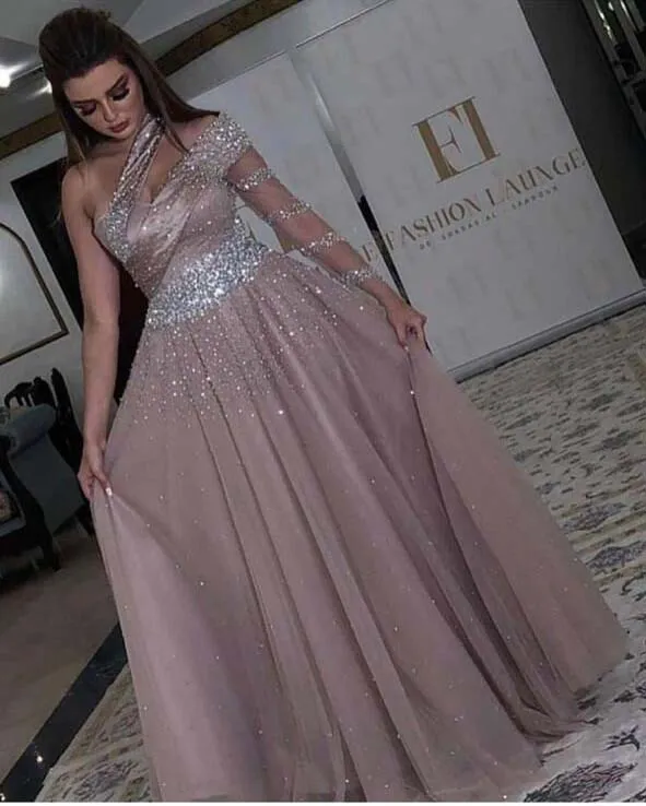 

Fashion One Shoulder Beaded Long Sleeve Casual Formal Prom Dresses