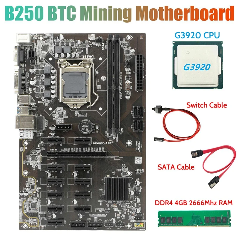 

B250 BTC Motherboard with G3920 or G3930 CPU+DDR4 4G 2666Mhz RAM+Switch Cable+SATA Cable 12XGraphics Card Slot for Miner