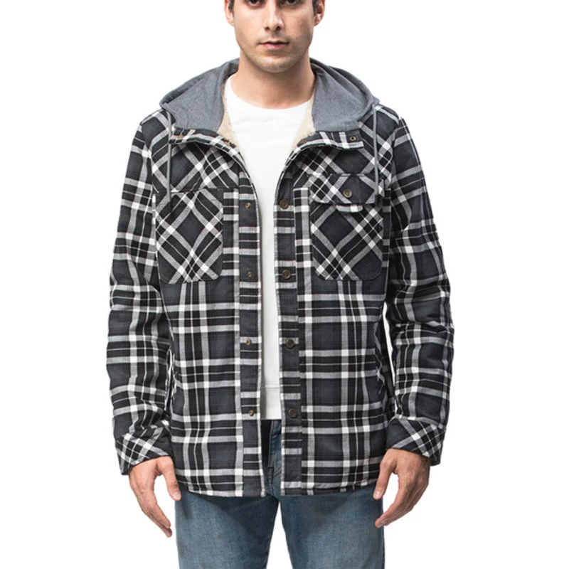 

Warm Men Flannel Shirt Camp Night Berber Lined Winter Shirts With Hood Fleece Plaid Jacket Male Long Sleeve Casual Chemise Homme