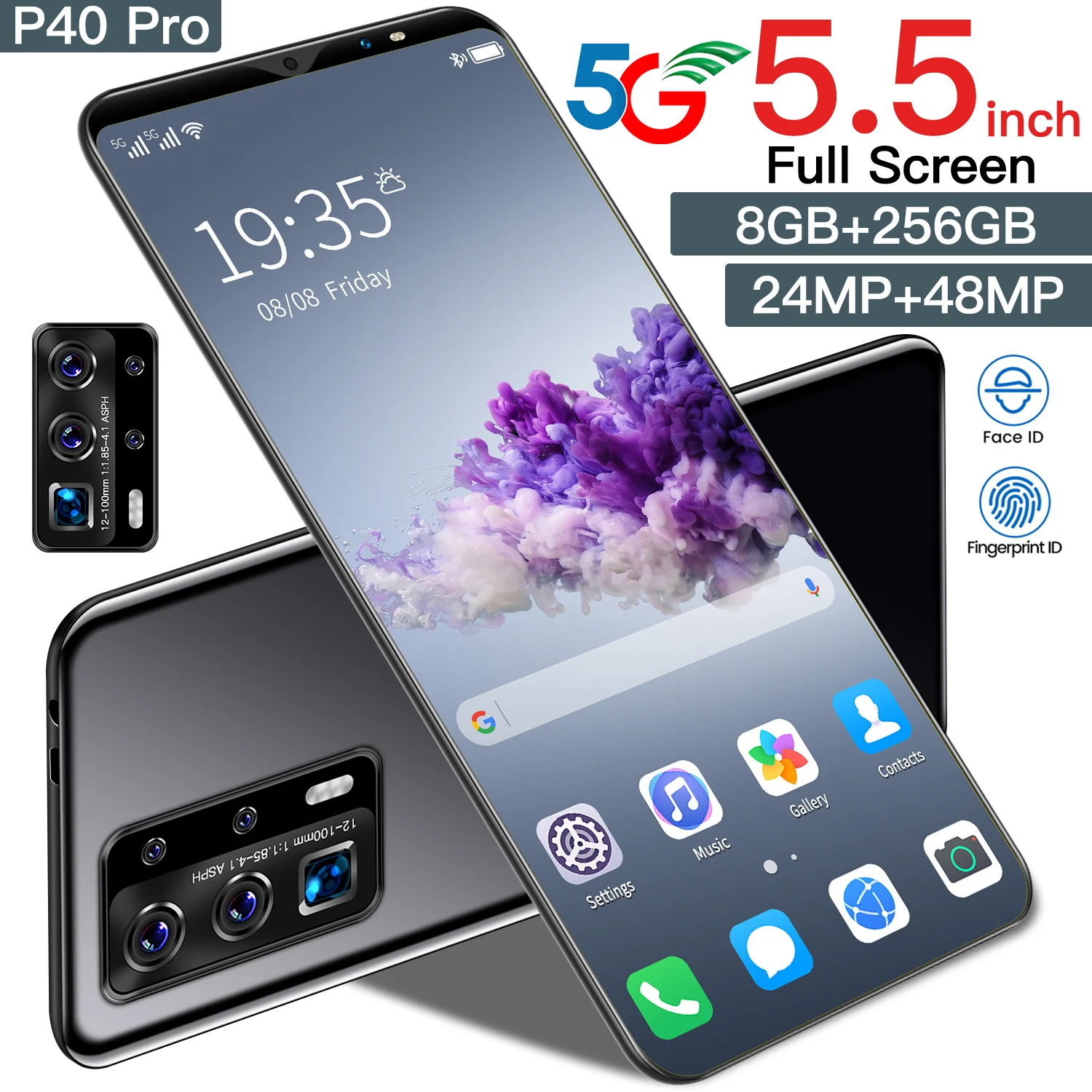 

P40 pro 5g smartphone 5.5 Polegada tela android 10.0 celular 24 + 48mp 10 núcleo desbloquear celular 4800mah bateria face id