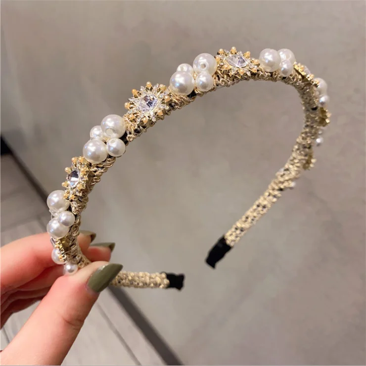 

Women Handmade Baroque Pearl Headbands Retro Hairbands Rhinestone Hairpin