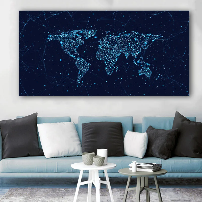 

ART World Map Canvas Painting Blue Constellation Background Prints And Posters Abstract Wall Pictures Home Decor