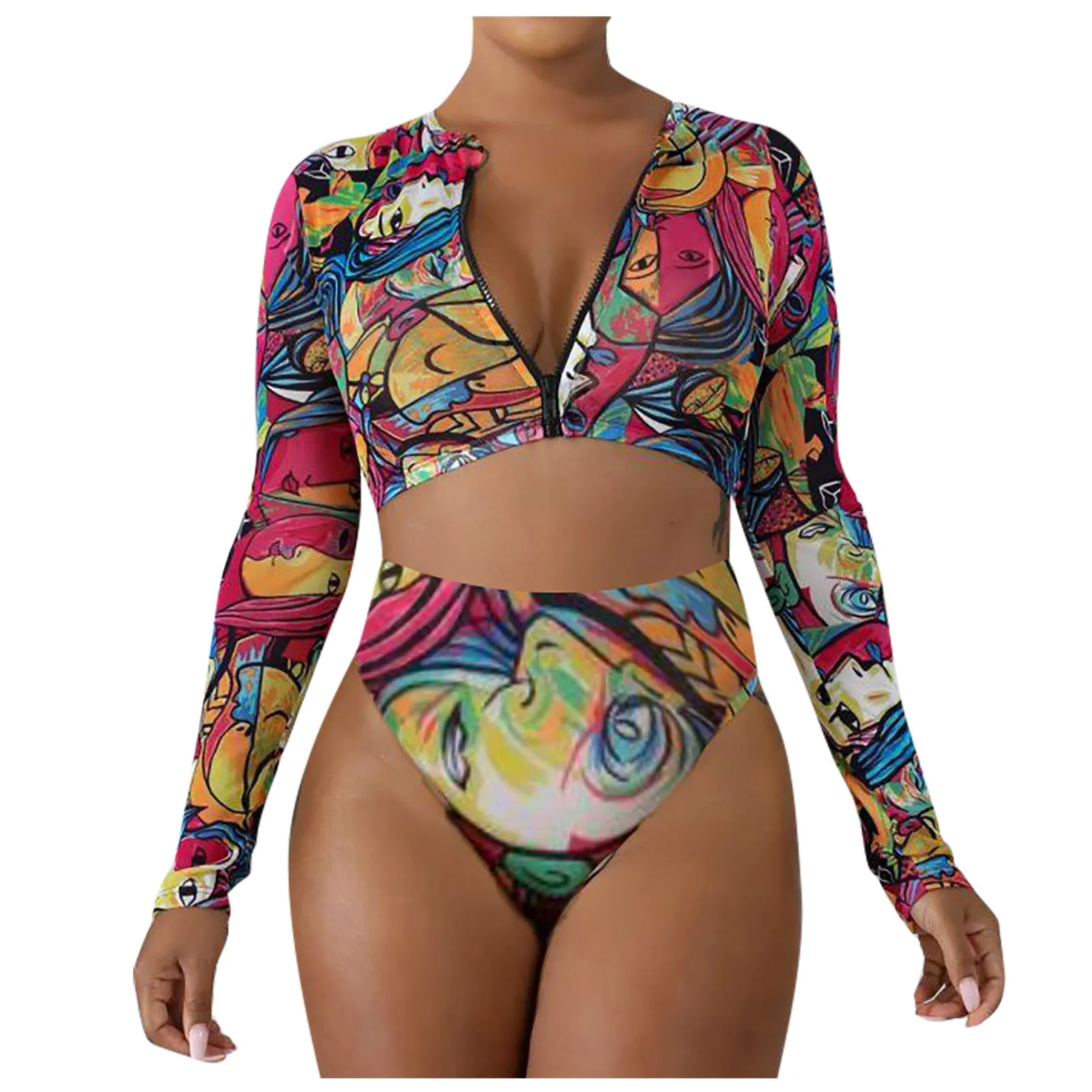 Пляжная одежда больших размеров для женщин - сексуальный бикини "Бохемский стиль" с молнией на груди, V-образным вырезом и кружевным галстуком. Набор из двух частей купальника с высоким разрезом.