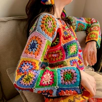 2020 winter new vintage chinese style pure handmade rainbow crochet jacket hollow knit sweater