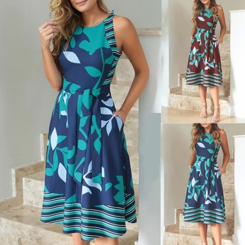 

Dresses Women Summer 2020 Plus Size O Neck Sleeveless Boho Print Sashes A Line Dress Casual Ladies Beach Sundress Robe Vestido