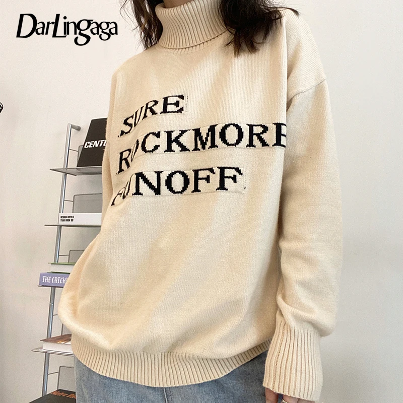 

Свитер Женский вязаный оверсайз с высоким воротником и надписью