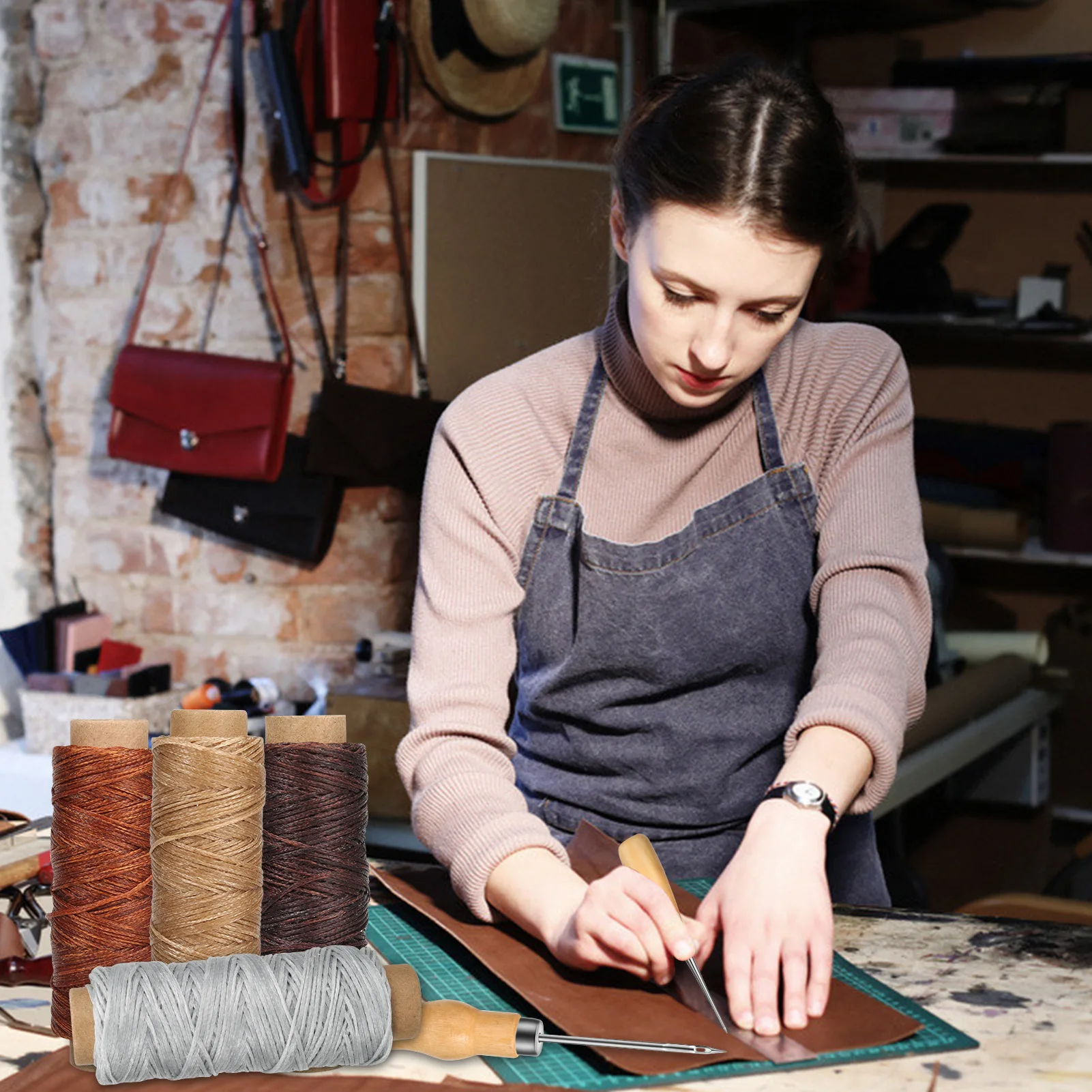 

17 PCS Leather Craft Tools Upholstery Repair Kit Hand Sewing with Needles Thread Drilling Awl for DIY Canvas Carpet DA