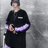 korean fashion long sleeved t shirt female hip hop street retro purple letter couple fake two piece tee gothic base vintage tops