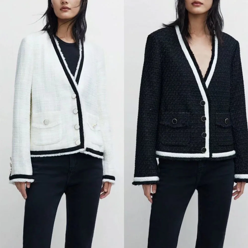 

Женская одежда 2022 шикарная Новинка необработанные контрастные небольшие ароматные стильные короткие куртки модный Повседневный женский т...