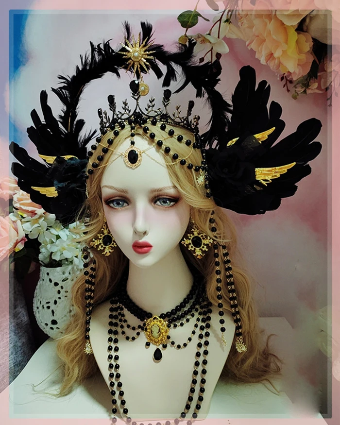 Черный Дьявол Ангел перья крылья богиня солнце ореол корона для волос повязка на