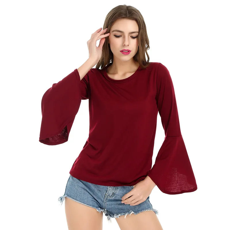 

Donsignet Summer Fashion Long Sleeve T-shirt Loose Flared Sleeves Round Neck Tshirt Women Solid Tops Tees Clothing Women