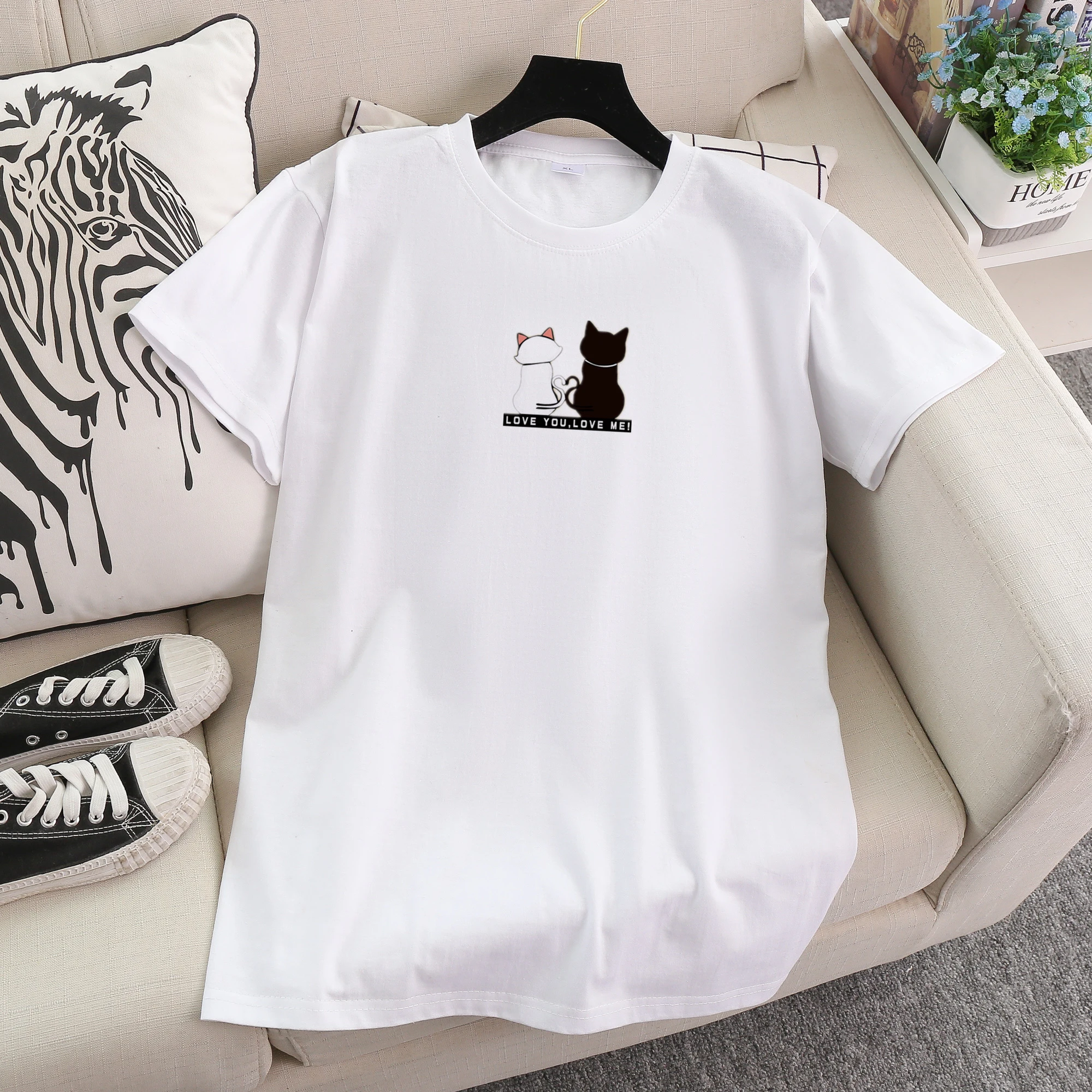 2020 модная футболка из 100 хлопка женская с принтом кошки и пары женские топы Летняя
