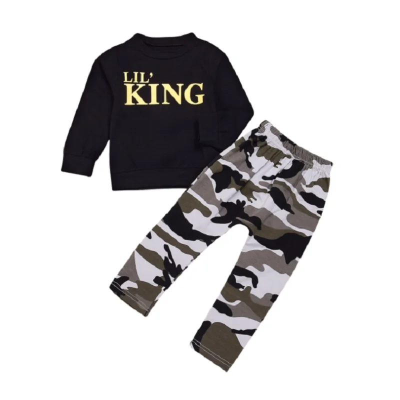 Комплект одежды для мальчиков топ с надписью Футболка King + камуфляжные штаны