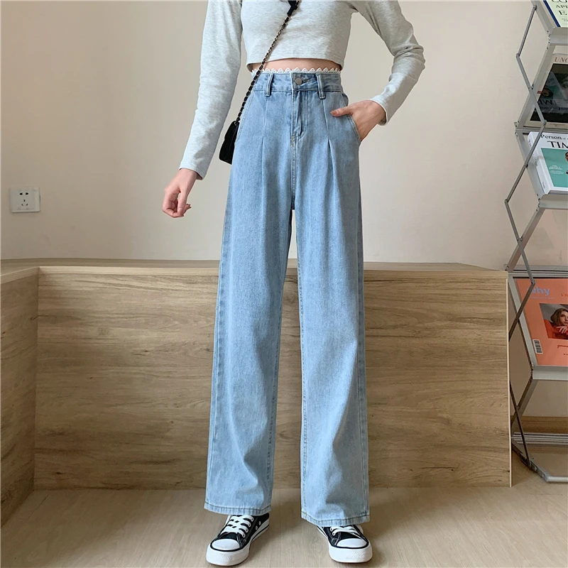 

Woman Jeans High Waist Clothes Wide Leg Denim Clothing Streetwear Quality 2021 Fashion Harajuku Straight Lace Pants A733