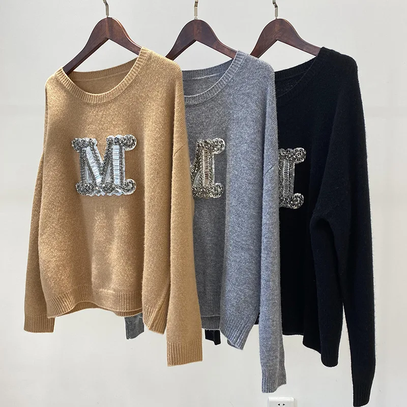 Women Pullovers 2021 Fall/Winter New Rhinestone Beads Large M Three-color Crew Neck Cashmere Sweater