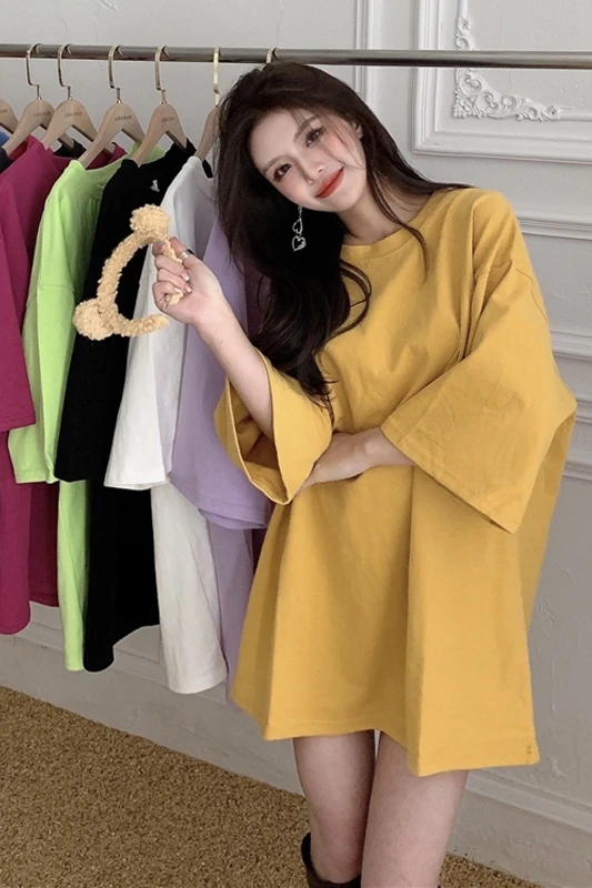 

T-shirt summer 2021 new candy color loose medium length large edition short sleeve top girl's dress Clothing women