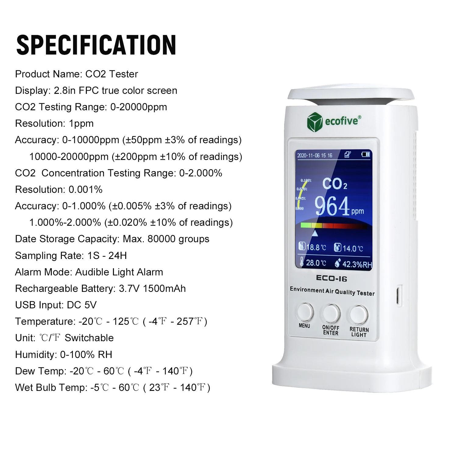 

CO2 Meter Monitor Carbon Dioxide Tester Air Quality Detector USB Temperature Humidity Meter With 80000 Data Gas Analyzer