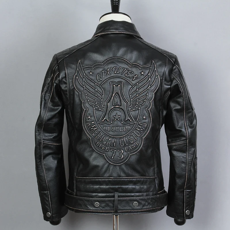 

Fashion Genuine Leather Jacket Men Lapel Zippered Waistband Biker Motorcycle Jacket Vintage Cowskin Real Leather Coat