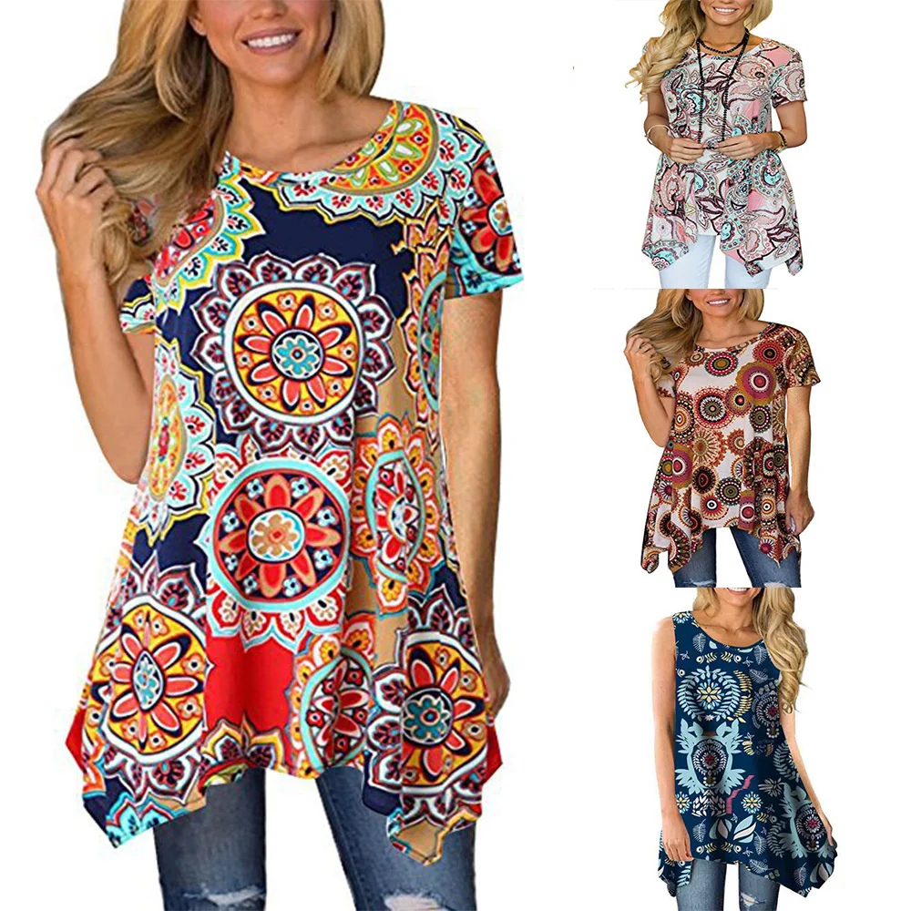 

2021 Summer New Printed Short Sleeve Pullover Women's Irregular Base Shirt