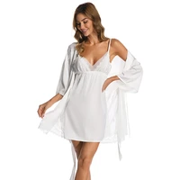 high end ladies ice silk nightgown bathrobe suspender nightdress two piece suit female soft home service sexy pajamas