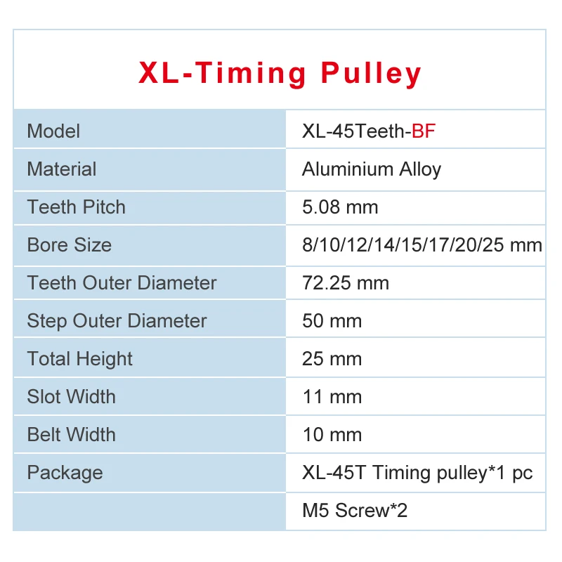 XL 45T зубчатый шкив диаметр отверстия 8/10/12/14/15/17 мм Шаг зубьев 5 08 Алюминиевый ширина