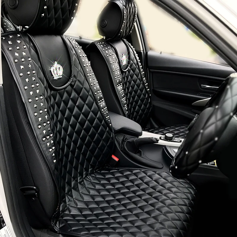

Leather Car Seat Cover Crystal Crown Rivets Auto Seat Cushion Interior Accessories Universal Size Front Seats Covers Car Styling
