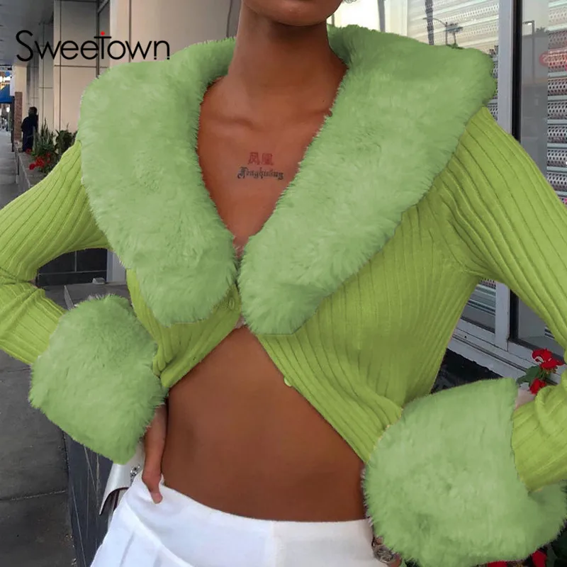 Y2K Sweetown Ribbed Knit Ladies Cardigans Sweaters with Fur Trim Collar – Long Sleeve, Slim Fit, Ideal for Autumn and Winter – Women's Knitwear image 4