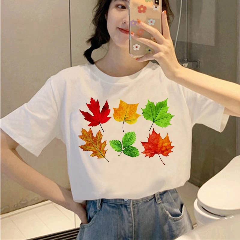 

2021 Summer Short Shirt Lady Fashion Streetwear Oversized T Shirt Women Girls Female Top Tee TShirt Aesthetic Leaves Print Tees