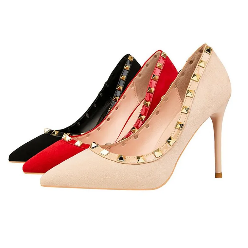 

2020 Fashion Pumps Shoes Sexy Pointed Toe Rivet Women Shoes Thin Heels Hollow Super High Heel Shoes