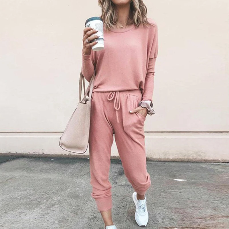 

2pcs New Women Solid Color Pullover Long Sleeve O Neck Blouse Top Bandage Drawstring Pants Sport Leisure Tracksuit