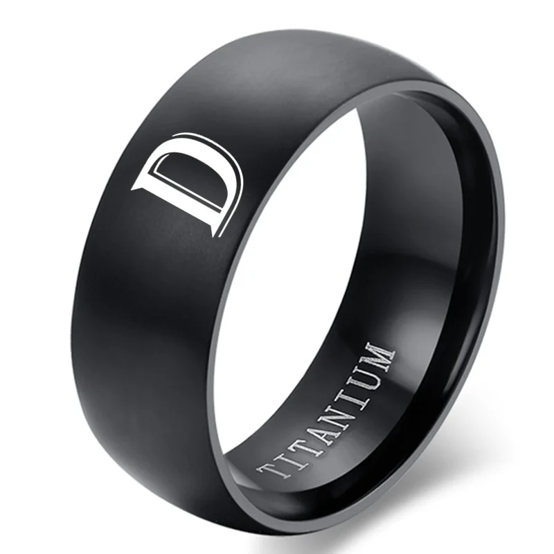 Personalised Initial Men Ring Engrave White A to Z Alphabet Stainless Steel Signet Blank Plain Ring Band Black Tone U.S.Size