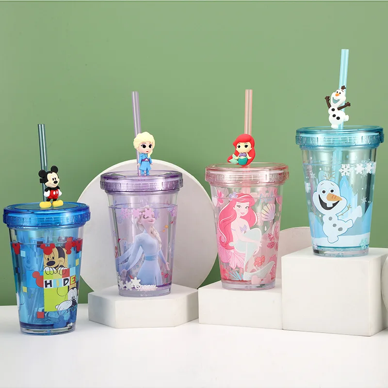 Disney Children's Straw Cold Water Cup Floating Cartoon 3D New Male And Female Baby Water Injection Anti-Scald Double-Layer Cup