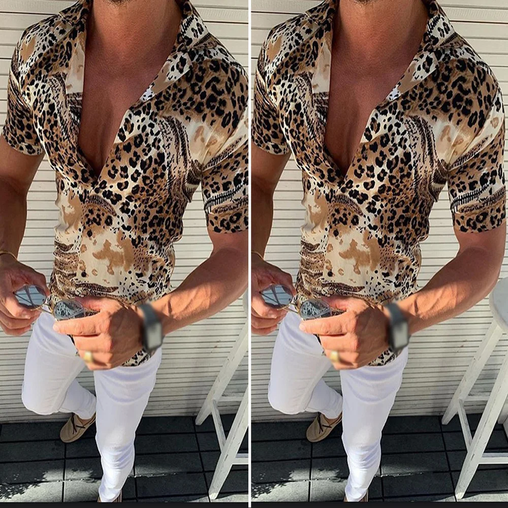 Мужские Топы повседневные тонкие леопардовые принты с отворотом коротким