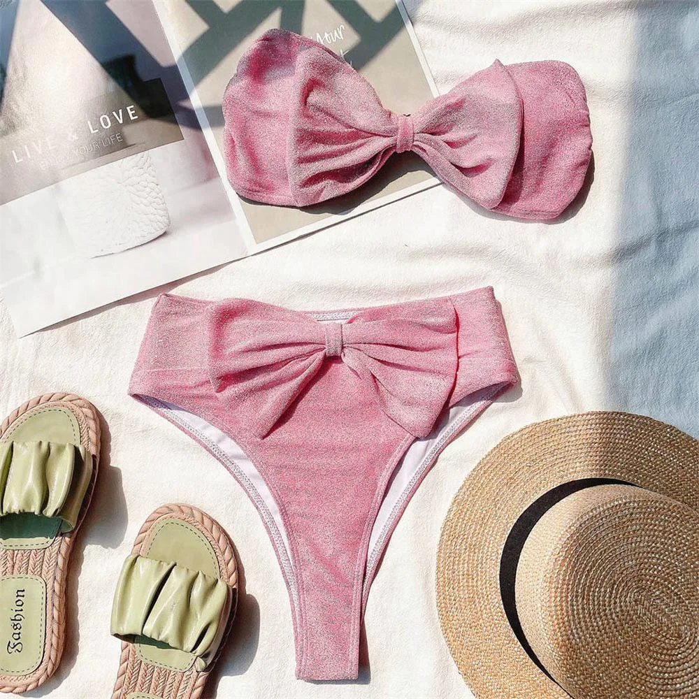 

2021 New Bow Strapless Bikini New Female Swimsuit Women High Waist Swimwear Two-pieces Bikini Bather Bathing Suit Swim