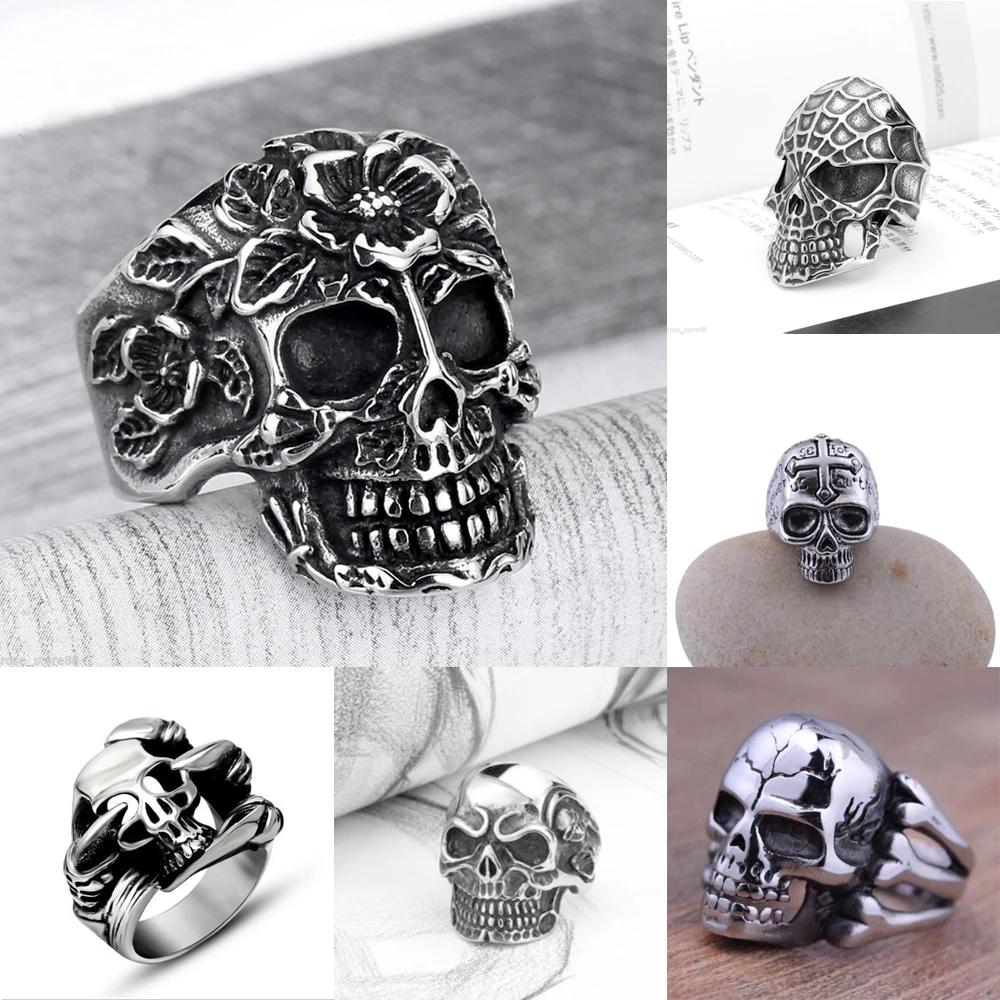Новые Кольца из титана и стали с черепом для мужчин Бесплатная бижутерия в стиле