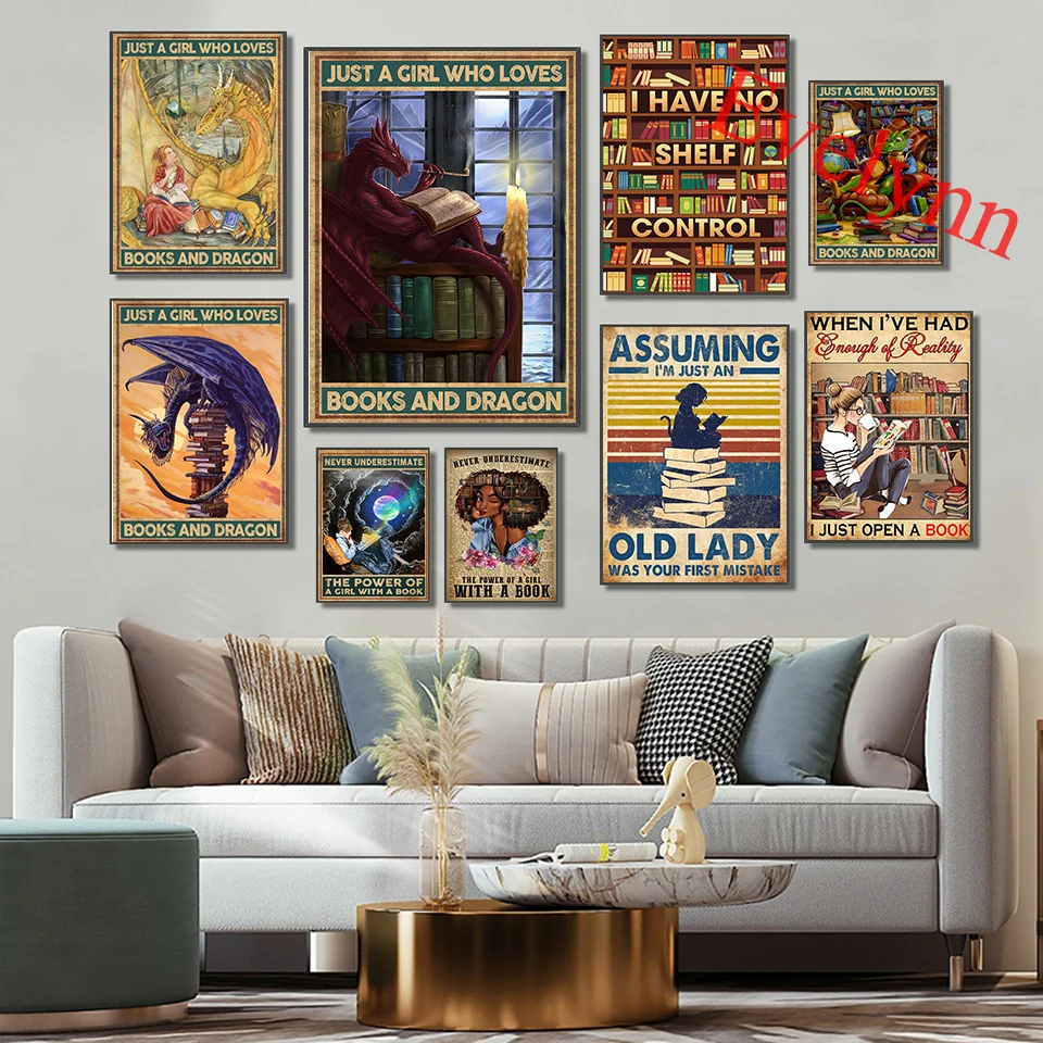 

Just A Girl Who Loves Books And Dragon Poster, For Bookaholic Reading Lovers Reading Room Home Decor Canvas Wall Art Prints Gift