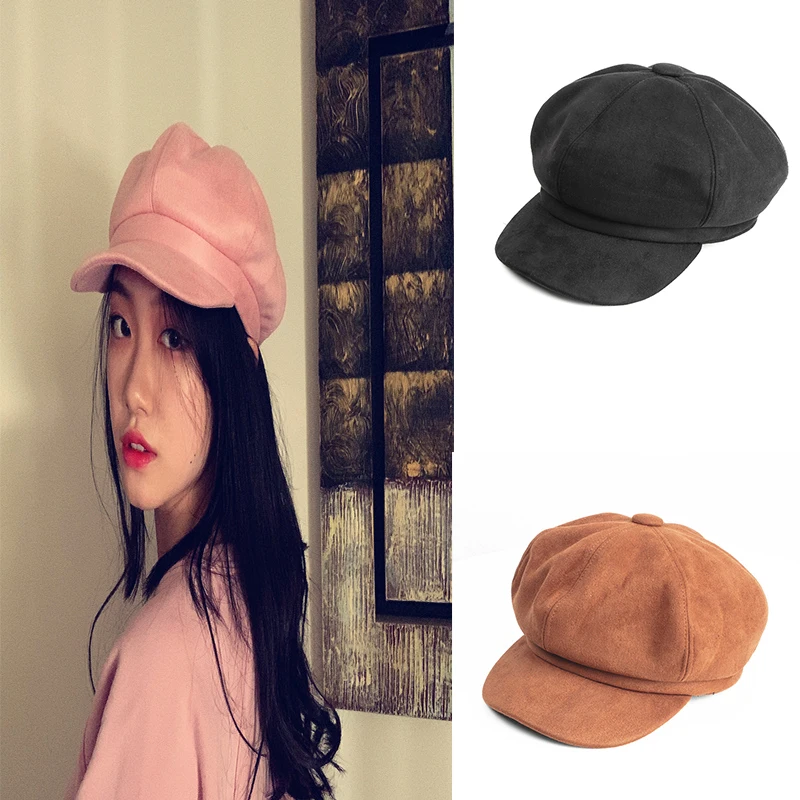 

Suede octagonal hat female British beret autumn and winter all-match solid color dome short brim sunscreen, warmth, sun beret