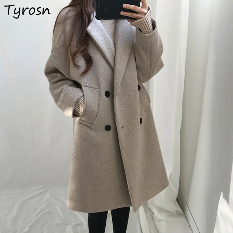 

Women Wool Blends Warm Solid Gentle Double Breasted Slim Outwear All-match Korean Fashion Pockets Notched Coats Female Hot Sale