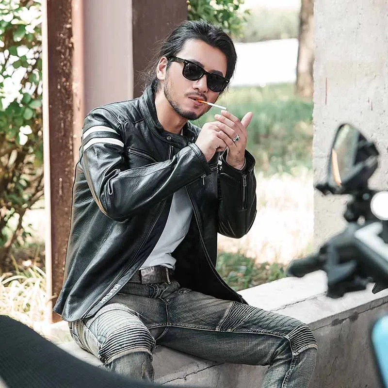 

2020 Black Men American Style Motorcycle Jacket Large Size XXXL Genuine Cowhide Autumn Slim Fit Biker's Leather Coat